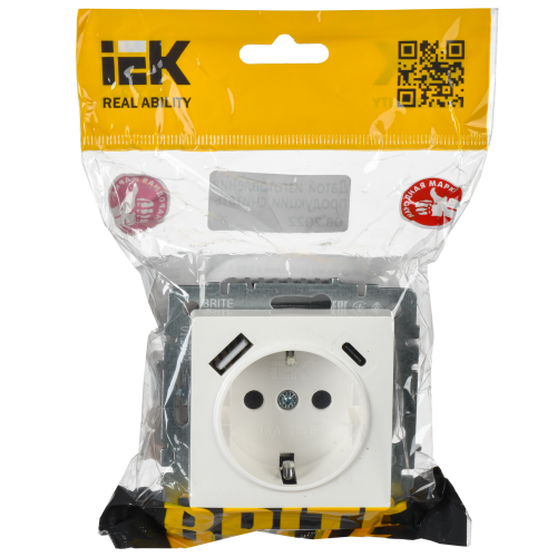 BRITE Розетка 1-местная с заземлением с защитными шторками 16А с USB A+C 18Вт РЮш11-1-БрБ белый IEK BRITE Розетка 1-местная с заземлением с защитными шторками 16А с USB A+C 18Вт РЮш11-1-БрБ белый IEK