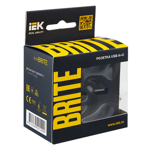 BRITE Розетка USB A+C 18Вт РЮ11-1-БрГ графит IEK BRITE Розетка USB A+C 18Вт РЮ11-1-БрГ графит IEK