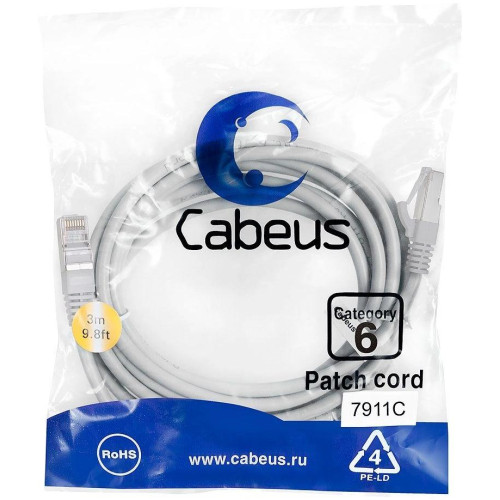 Патч-корд Cabeus PC-FTP-RJ45-CAT.6-3M-LSZH F/UTP RJ-45 вил.-вилка RJ-45 кат.6 3м серый LSZH
