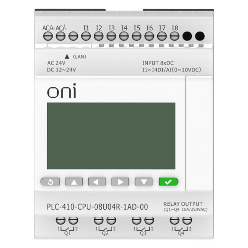 ПЛК 410 Модуль ЦПУ 4 DI 4 UI (0-10 В/DI) 4 RO 12В-24В DC или 24В AC с Ethernet портом с экраном ONI ПЛК 410 Модуль ЦПУ 4 DI 4 UI (0-10 В/DI) 4 RO 12В-24В DC или 24В AC с Ethernet портом с экраном ONI