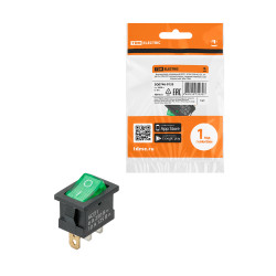 Выключатель клавишный KCD1-101N 250В AC/DC 1P 6А (3с) ON-OFF черный корпус, зеленая клавиша с LED подсветкой, Mini TDM