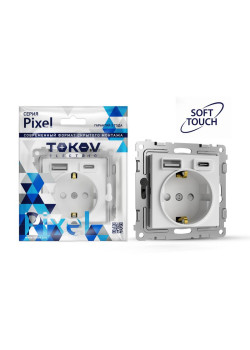 Розетка 1-м СП Pixel с заземл. с 2-мя заряд. устр. USB тип A+C IP20 механизм айс TOKOV ELECTRIC TKE-PX-R1U2AC-C34