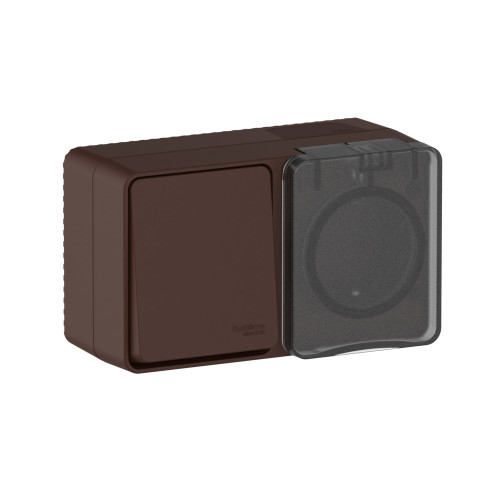 ATLASDESIGN PROFI IP54 О/У БЛОК: РОЗЕТКА с заземл. со шт., 16А, ВЫКЛЮЧАТЕЛЬ 1-клав., 10АХ, КОРИЧНЕВЫЙ