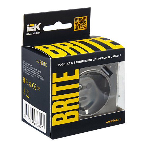 BRITE Розетка 1-местная с заземлением с защитными шторками 16А с USB A+A 5В 3,1А РЮш10-2-БрС сталь IEK BRITE Розетка 1-местная с заземлением с защитными шторками 16А с USB A+A 5В 3,1А РЮш10-2-БрС сталь IEK