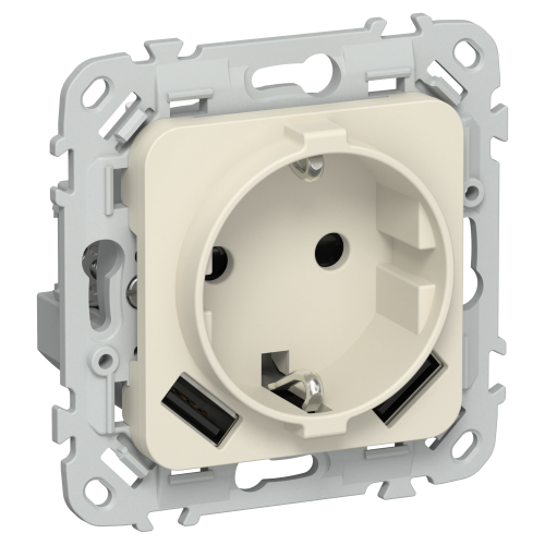 FLITE Розетка 1-местная с заземлением с защитными шторками 16А с USB A+A 3,1А безвинтовое крепление РСЮша11-1-ФлСл сливочный IEK