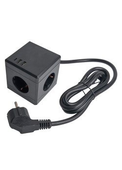 HM10-41-01 Удлинитель 3-местный с/з, 3x1мм2, 1.5м, 250В, 16А, 2USB+1С, 5V 3,1А, серия Comfort, черный