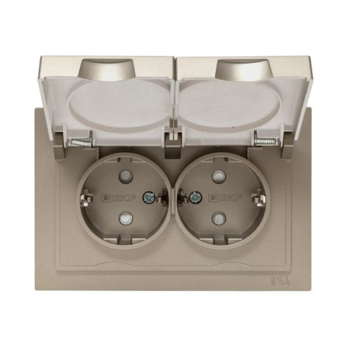 Механизм роз., двойной, 16А, IP44, с.з., с.ш., с рамкой, с крышками, шамп., Эпика EKF Механизм роз., двойной, 16А, IP44, с.з., с.ш., с рамкой, с крышками, шамп., Эпика EKF