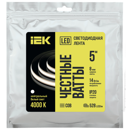 Лента светодиодная 5м COB 528LED/м freecut свободная резка 14Вт/м IP20 ширина 8мм 24В нейтральный белый IEK Лента светодиодная 5м COB 528LED/м freecut свободная резка 14Вт/м IP20 ширина 8мм 24В нейтральный белый IEK