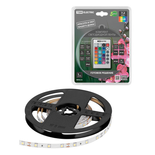Комплект светодиодной ленты SMD5050-30 LED/м-12 В-7,2 Вт/м-IP65-RGB (3 м), 18 Вт, IR-контроллер TDM