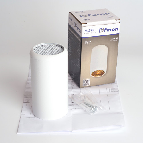 Светильник потолочный Feron ML184 Barrel ECHO MR16 GU10 35W 230V, белый, с антибликовой сеточкой Светильник потолочный Feron ML184 Barrel ECHO MR16 GU10 35W 230V, белый, с антибликовой сеточкой