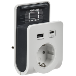 Адаптер Т-03/01 1 место 2P+PE 16А 2хUSB A+C 20Вт с подставкой бело-черный IEK