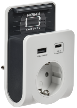 Адаптер Т-03/01 1 место 2P+PE 16А 2хUSB A+C 20Вт с подставкой бело-черный IEK