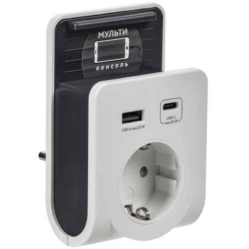 Адаптер Т-03/01 1 место 2P+PE 16А 2хUSB A+C 20Вт с подставкой бело-черный IEK