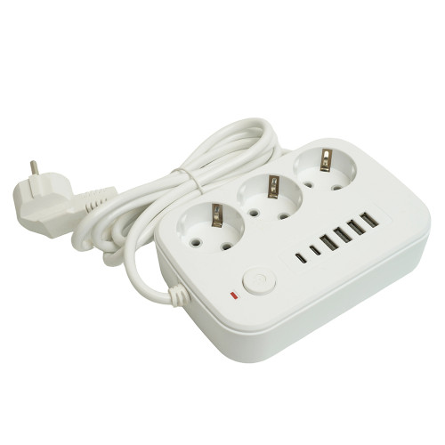 Удлинитель 3-местный c/з 3x1 мм2, 1,8 м, 250В, 10А, 4USB+2Type-C 2,4А, серия Home plus, белый STEKKER HM09-36-02