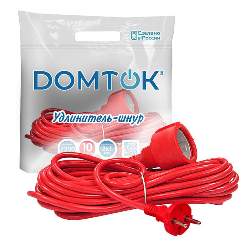 Удлинитель-шнур 1х10м без заземл. 10А IP20 2.2кВт ПВС 2х1 DOMTOK 2488 Удлинитель-шнур 1х10м без заземл. 10А IP20 2.2кВт ПВС 2х1 DOMTOK 2488