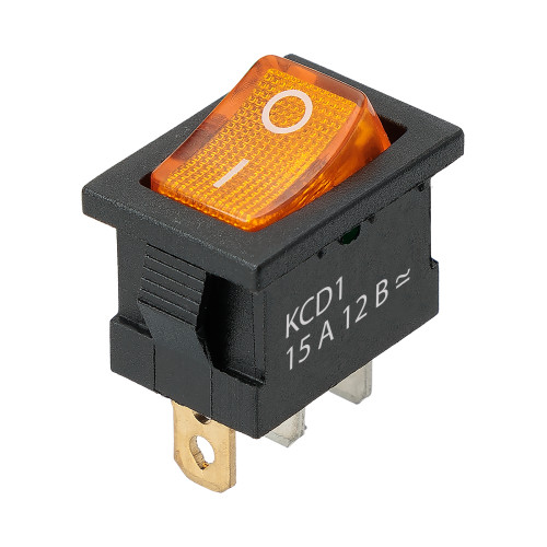 Выключатель клавишный KCD1-101N 12В AC/DC, 1P, 15А, (3с), ON-OFF, черный корпус, желтая клавиша с LED подсветкой, Mini TDM