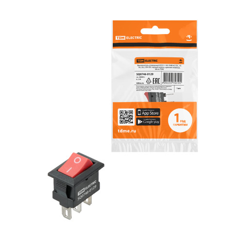 Выключатель клавишный KCD11-102 250В AC/DC, 1P, 3А, (3с), ON-ON, черный корпус, красная клавиша, Micro TDM