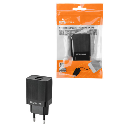 Сетевое зарядное устройство, СЗУ 8, Quick Charge 3.0, 3 А, 2 USB, черный, TDM