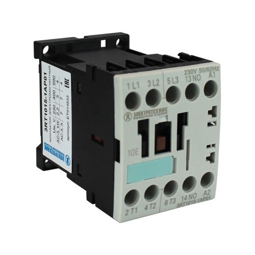 3RT1015-1AP01, 3-пол., 7А, AC-3, 3кВт/400V, 1НО, 230V АС, 50/60Гц, типоразмер S00, винтовые клеммы, IP20, контактор электромагнитный  (ЭТ)