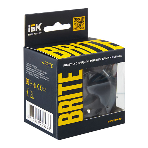 BRITE Розетка 1-местная с заземлением с защитными шторками 16А с USB A+A 5В 2,1А РЮш10-1-БрЧ черный IEK BRITE Розетка 1-местная с заземлением с защитными шторками 16А с USB A+A 5В 2,1А РЮш10-1-БрЧ черный IEK