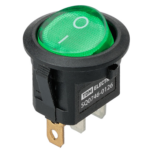 Выключатель клавишный круглый KCD11-101N 250В AC/DC, 1P, 3А, (3с), ON-OFF, черный корпус, зеленая клавиша с LED подсветкой, Micro TDM Выключатель клавишный круглый KCD11-101N 250В AC/DC, 1P, 3А, (3с), ON-OFF, черный корпус, зеленая клавиша с LED подсветкой, Micro TDM
