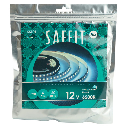 Лента светодиодная SST01 SAFFIT 60SMD(2835)/m 6Вт/м 12V 5000*8*1.22мм 6500K, IP20