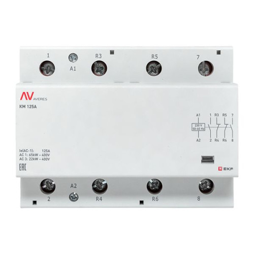 Контактор модульный КМ 125А 2NO+2NC 230В АС (6 мод.) AVERES EKF Контактор модульный КМ 125А 2NO+2NC 230В АС (6 мод.) AVERES EKF