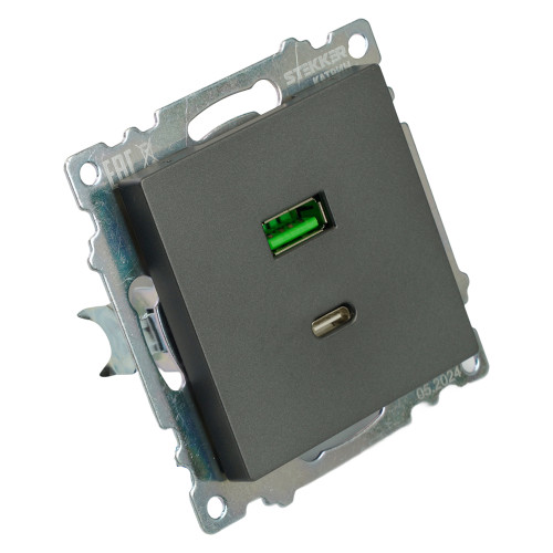 Розетка 2-местная USB + type C (механизм), 250В, 3А, max 20W, серия Катрин, графит, GLS10-7116-06 Розетка 2-местная USB + type C (механизм), 250В, 3А, max 20W, серия Катрин, графит, GLS10-7116-06