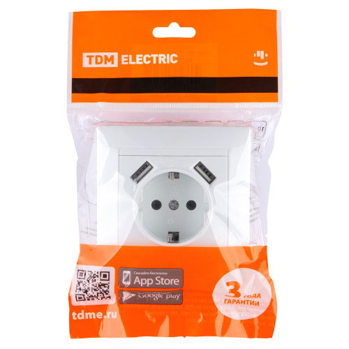 Розетка 2П+З 16А 250В + 2 USB порта 2,1А 5В белая Розетка 2П+З 16А 250В + 2 USB порта 2,1А 5В белая