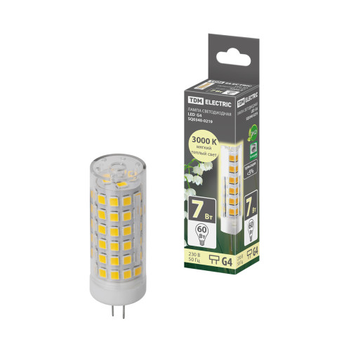 Лампа светодиодная G4-7 Вт-230 В-3000 К, SMD, 18,5x57 мм TDM