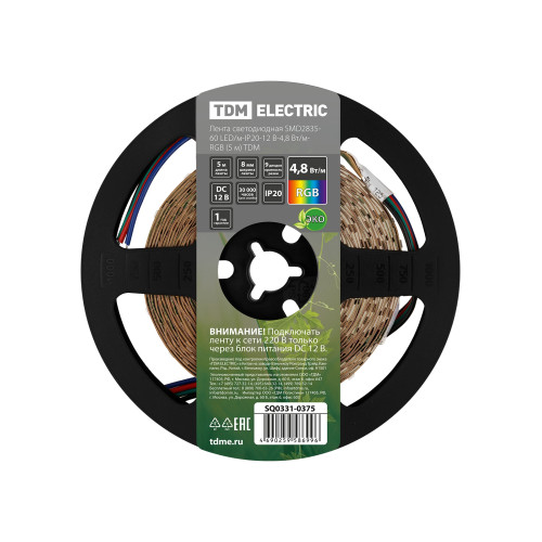 Лента светодиодная SMD2835-60 LED/м-IP20-12 В-4,8 Вт/м-RGB (5 м) TDM