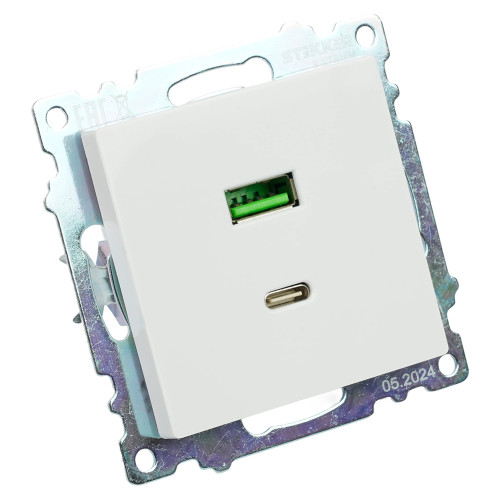Розетка USB 2-местная + type C (механизм), STEKKER GLS10-7116-01, 250В, 3А, max 20W, серия Катрин, белый Розетка USB 2-местная + type C (механизм), STEKKER GLS10-7116-01, 250В, 3А, max 20W, серия Катрин, белый