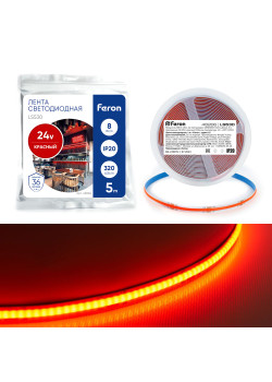 Светодиодная COB лента Feron LS530 320SMD(2110) 10Вт/м 24V 5000*8*1,8мм IP20, красный