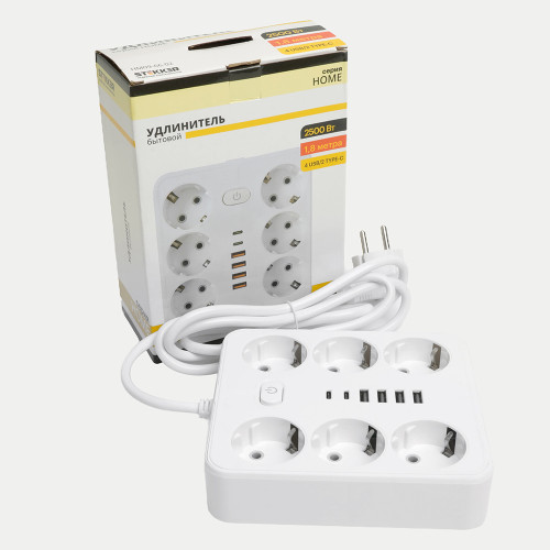 Удлинитель 6-местный c/з 3x1 мм2, 1,8 м, 250В, 10А, 4USB+2Type-C 2,4А, серия Home plus, белый STEKKER HM09-66-02 Удлинитель 6-местный c/з 3x1 мм2, 1,8 м, 250В, 10А, 4USB+2Type-C 2,4А, серия Home plus, белый STEKKER HM09-66-02
