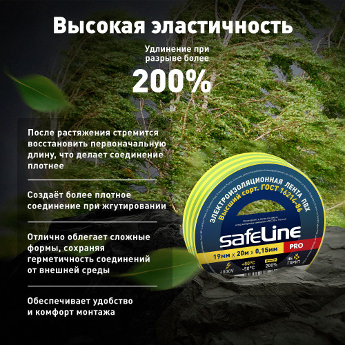 Изолента ПВХ желто-зеленая 19мм 20м Safeline
