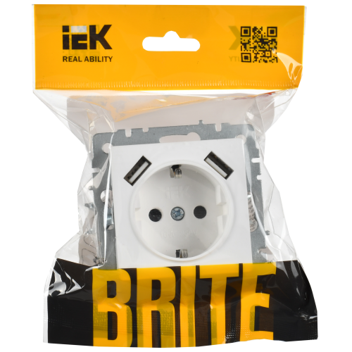 BRITE Розетка 1-местная с заземлением с защитными шторками 16А с USB A+A 5В 3,1А РЮш10-2-БрАБ арктический белый IEK BRITE Розетка 1-местная с заземлением с защитными шторками 16А с USB A+A 5В 3,1А РЮш10-2-БрАБ арктический белый IEK