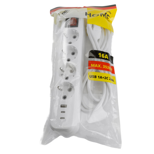 Удлинитель 4-местный с/з с выключ. STEKKER HM071-41-03 3x1мм2, 3м, 250В, 16А, 1USB+2C, 2.4A, сер Home, белый Удлинитель 4-местный с/з с выключ. STEKKER HM071-41-03 3x1мм2, 3м, 250В, 16А, 1USB+2C, 2.4A, сер Home, белый
