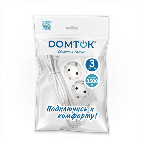 Удлинитель 2х3м с заземл. 16А IP20 3.5кВт ПВС 3х1 бел. DOMTOK 2386