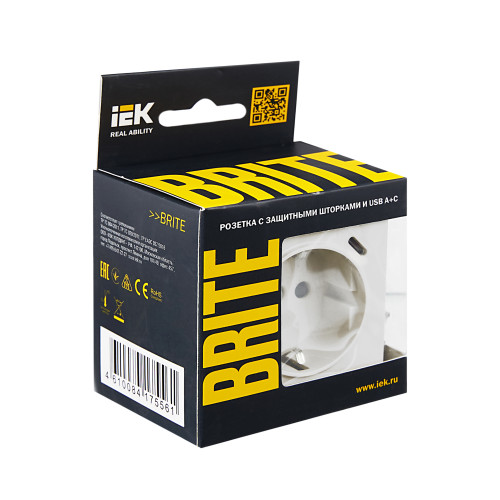 BRITE Розетка 1-местная с заземлением с защитными шторками 16А с USB A+C 18Вт РЮш11-1-БрЖ жемчуг IEK
