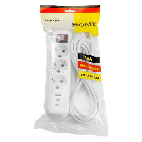Удлинитель 3-местный с/з с выключ. STEKKER HM071-31-02 3x1мм2, 2м, 250В, 16А, 1USB+2C, 2.4A, сер Home, белый Удлинитель 3-местный с/з с выключ. STEKKER HM071-31-02 3x1мм2, 2м, 250В, 16А, 1USB+2C, 2.4A, сер Home, белый