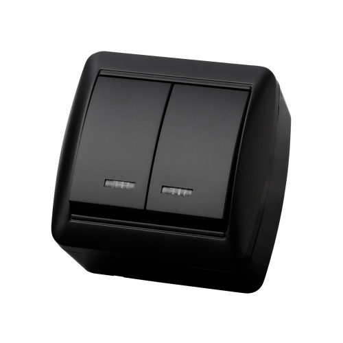 Выключатель 2-кл. открытой установки с подсветкой IP44 10А графит Выключатель 2-кл. открытой установки с подсветкой IP44 10А графит