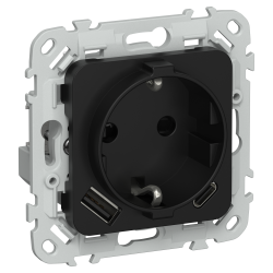 FLITE Розетка 1-местная с заземлением с защитными шторками 16А с USB A+C 20Вт безвинтовое крепление РСЮшс11-1-ФлЧ черный IEK