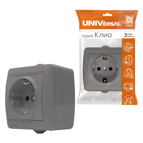 Розетка 1-м ОП Клио 16А IP44 с заземл. сер. UNIVersal К2228-Gr Розетка 1-м ОП Клио 16А IP44 с заземл. сер. UNIVersal К2228-Gr