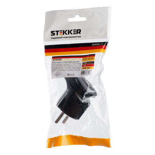Вилка угловая с/з STEKKER, PPG16-46-202, пластик, 250В, 16A, IP20, черный