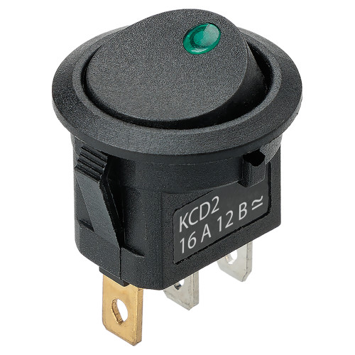 Выключатель клавишный круглый KCD2-101N-2 12В AC/DC, 1P, 16А, (3с), ON-OFF, черный с зеленой точечной LED подсветкой TDM