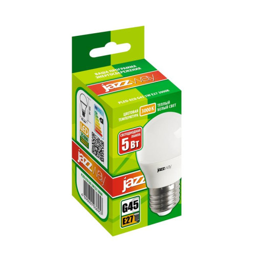 Лампа светодиодная PLED-ECO 5Вт G45 шар 3000К тепл. бел. E27 400лм 220-240В JazzWay 1036957A Лампа светодиодная PLED-ECO 5Вт G45 шар 3000К тепл. бел. E27 400лм 220-240В JazzWay 1036957A
