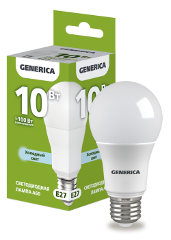 Лампа светодиодная A60 груша 10Вт 230В 6500К E27 GENERICA