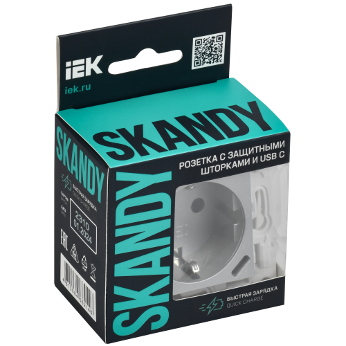 SKANDY Розетка с заземлением с защитными шторками 16А с USB C 18Вт SK-R17S серебряный IEK SKANDY Розетка с заземлением с защитными шторками 16А с USB C 18Вт SK-R17S серебряный IEK