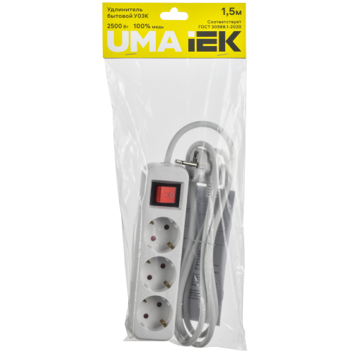 Удлинитель У03К 3 места 2P+PE 1,5м 3х1мм2 10А белый UMA IEK Удлинитель У03К 3 места 2P+PE 1,5м 3х1мм2 10А белый UMA IEK