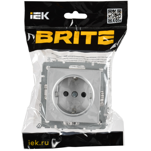 BRITE Розетка 1-местная с заземлением с защитными шторками 16А безвинтовое крепление РС24-1-0-БрА алюминий IEK